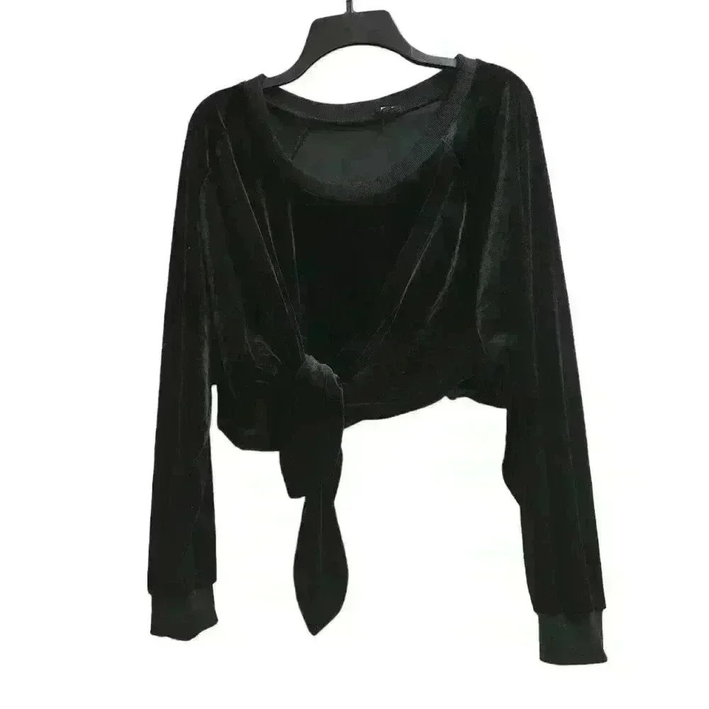 NUDE longsleeve black velvet tie front cropped top size medium